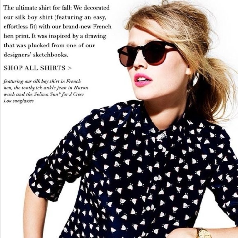 J. Crew Navy Silk Shirt with Hen Pattern